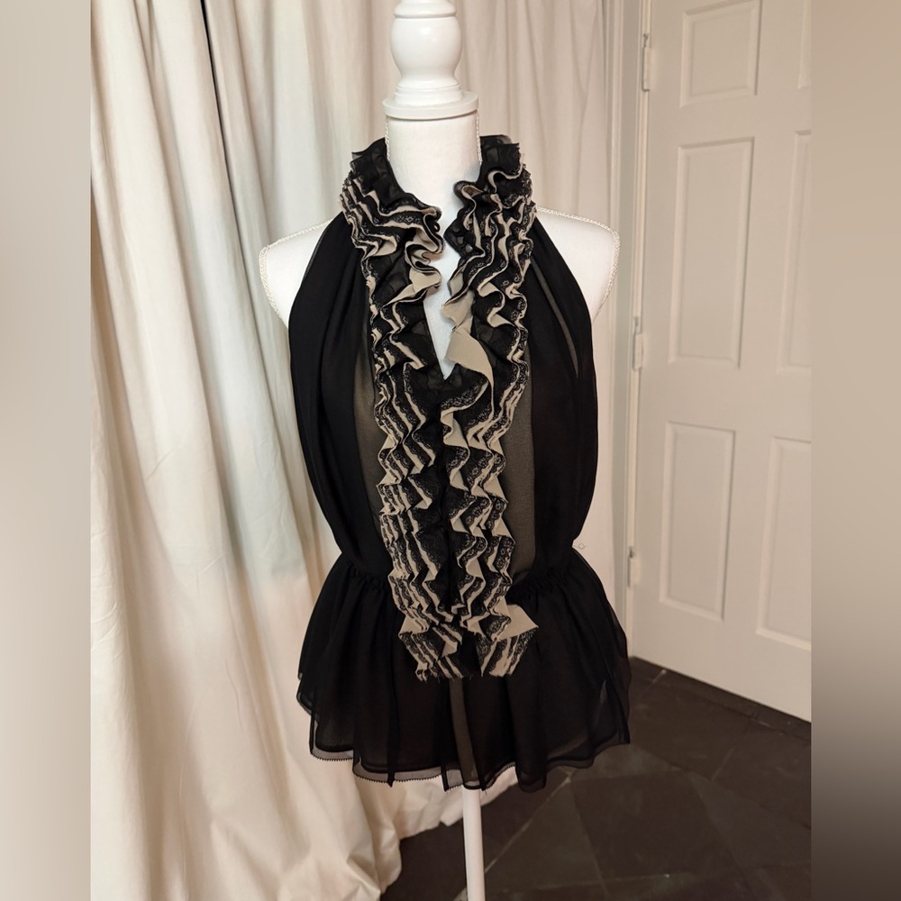 Robert Rodriguez Black and Cream Ruffled Top
